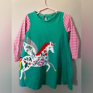 Mini Boden Pegasus Unicorn Applique Long Sleeve Green/Pink Dress Sz 3/4 years